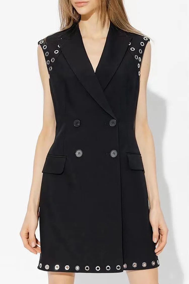 Punk Lapel Sleeveless Metallic Grommet Double Breasted Blazer Mini Dress