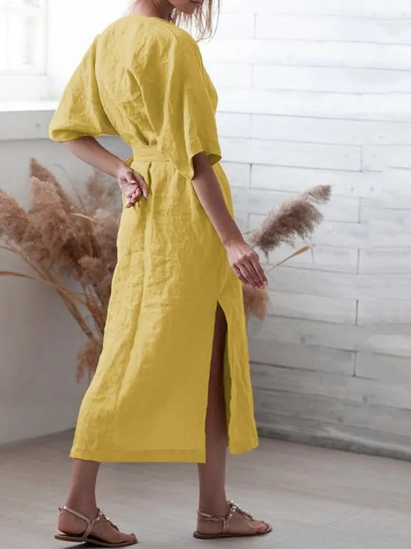 Pure Color Belted  Slit Half Sleeve Dress