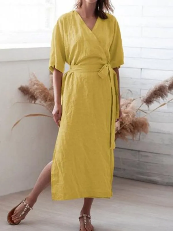 Pure Color Belted  Slit Half Sleeve Dress