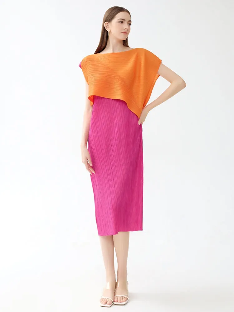 Round Neck Pleated Color Block Midi Dress