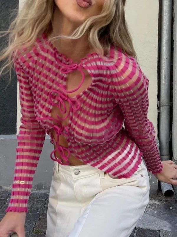 Sheer Striped Cutout Top: Tie Front, Fitted Style