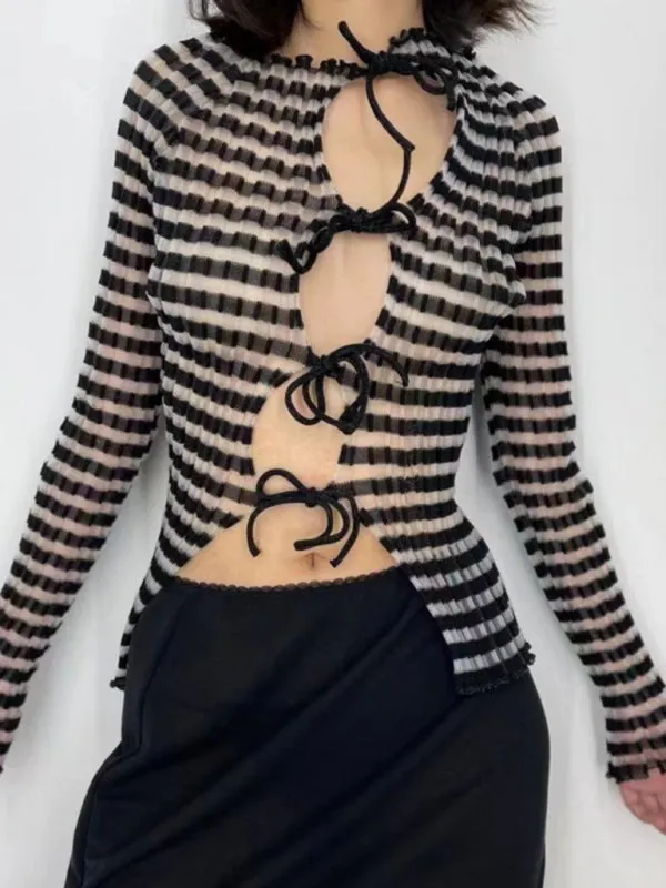 Sheer Striped Cutout Top: Tie Front, Fitted Style