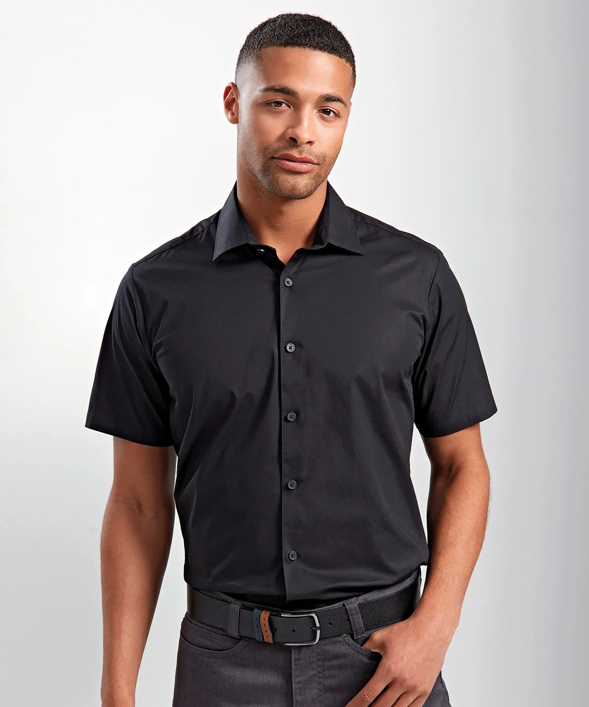 Silver - Stretch fit cotton poplin short sleeve shirt