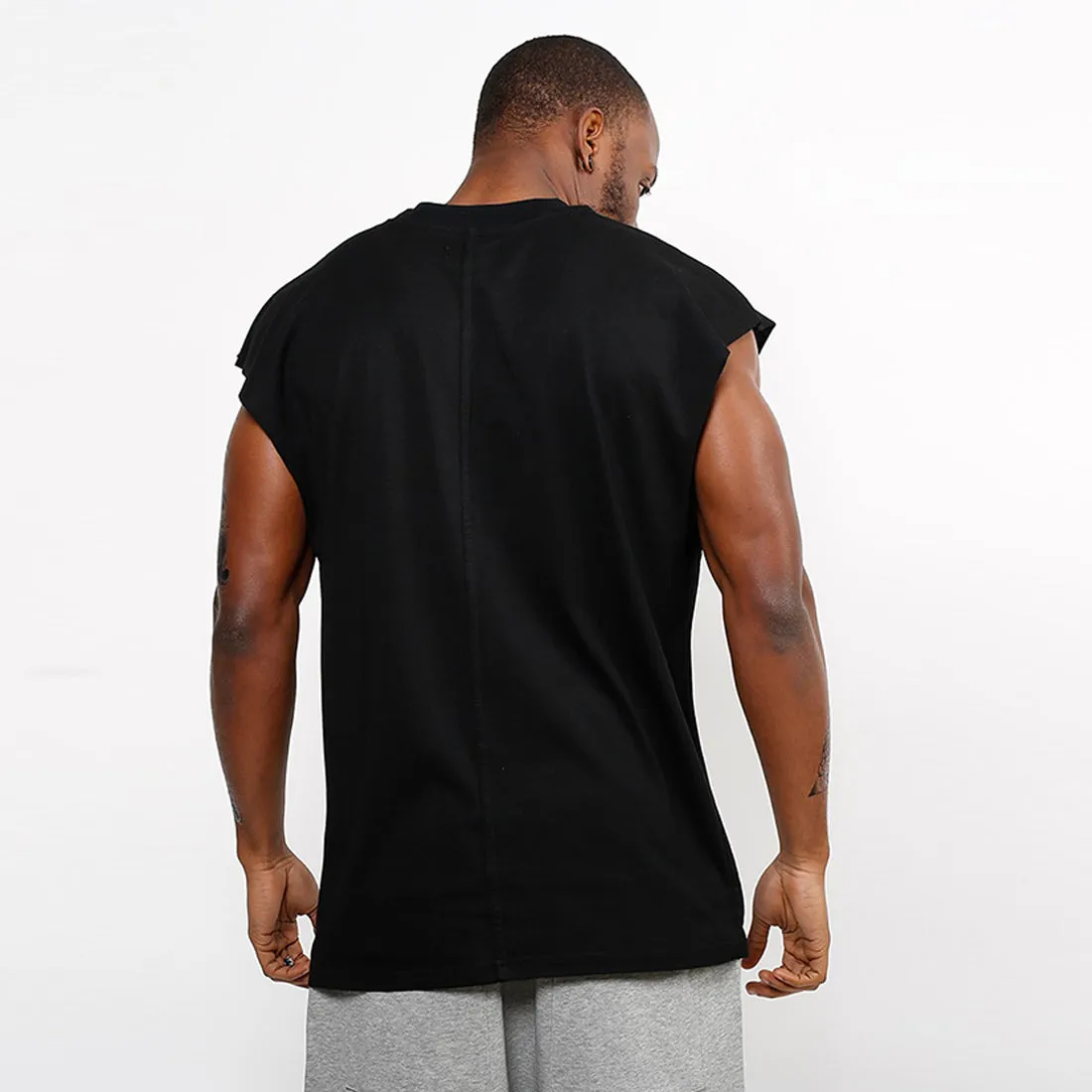 Sleeveless Hip Hop Plain Plus T-Shirt - Black