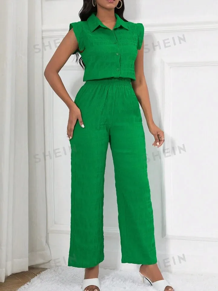 Sleeveless textured blouse and pants two piece set in green