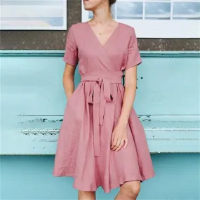 Solid Color Short Sleeves Bow Belt Cotton Dress