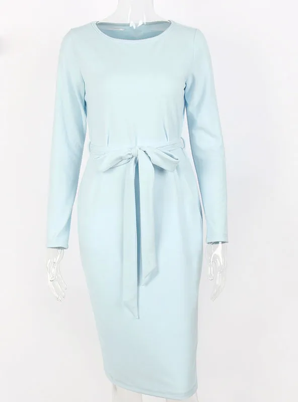 TastyHottie - Light Blue Belted Women Dress Solid Mid-Calf Casual