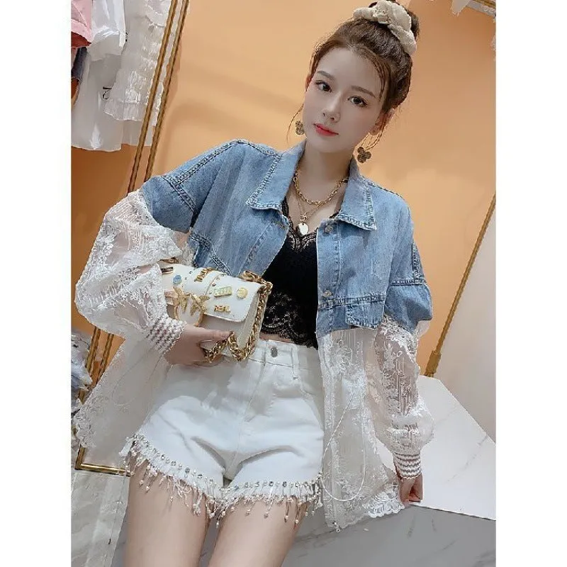 Thin Jean Stitching Embroidery Lace Loose Versatile Casual Coat