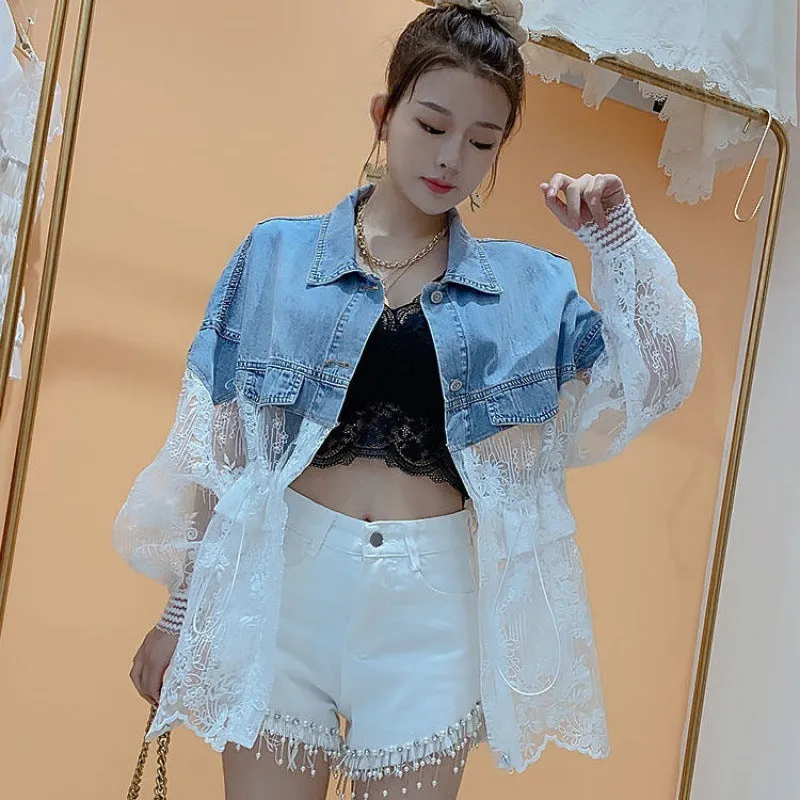 Thin Jean Stitching Embroidery Lace Loose Versatile Casual Coat