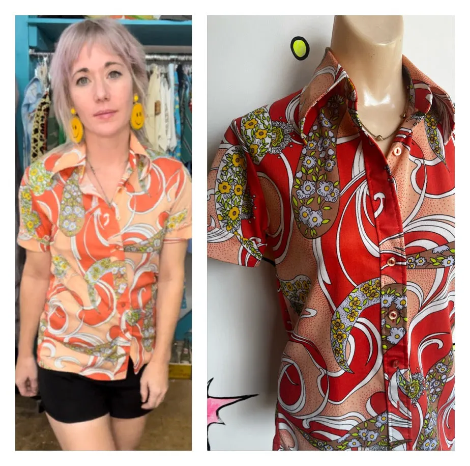 Vintage 70s | Psychedelic Groovy Polyester Big Collar Shirt Top | Size S