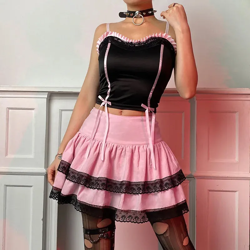 Vintage Academy Lace New Stitched Pink Double Style Gothic Skirt