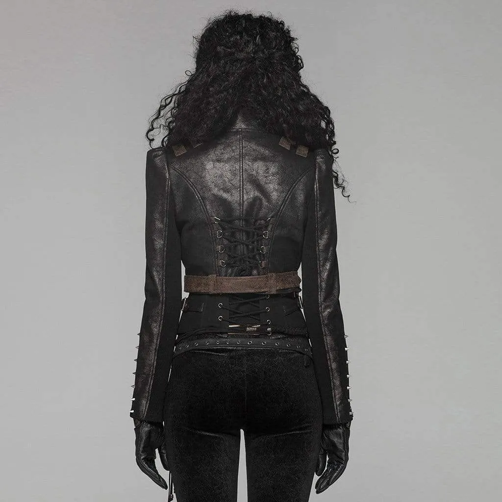 Women's Goth Rivets Faux Leather Lacing Short Jackets With Belt