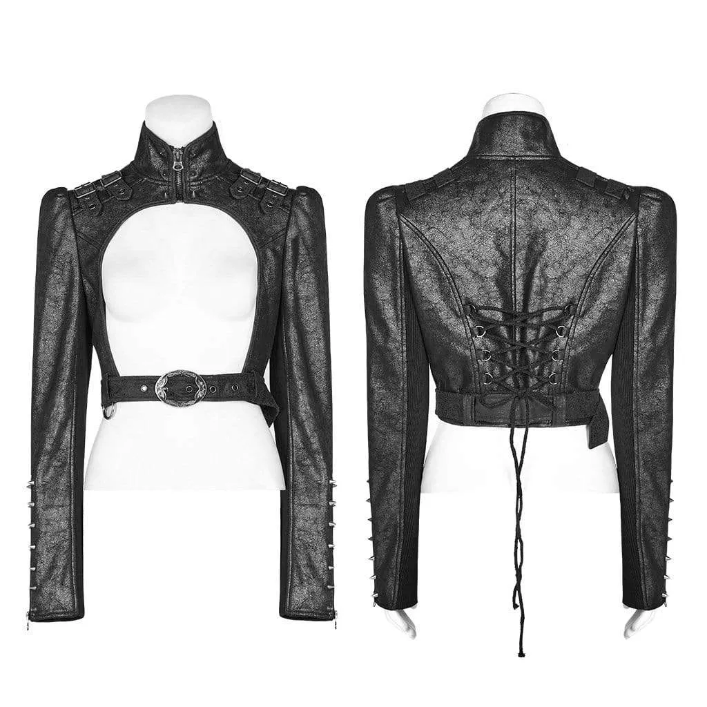 Women's Goth Rivets Faux Leather Lacing Short Jackets With Belt