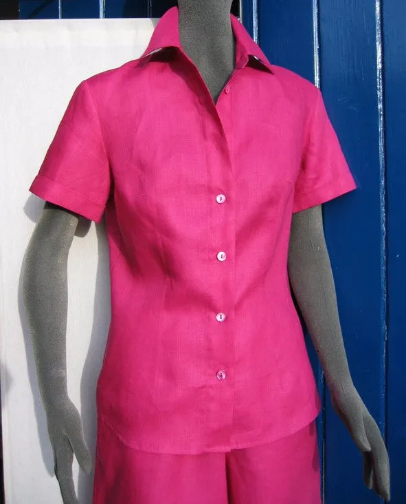 Womens Short Sleeve Fitted Linen Blouse